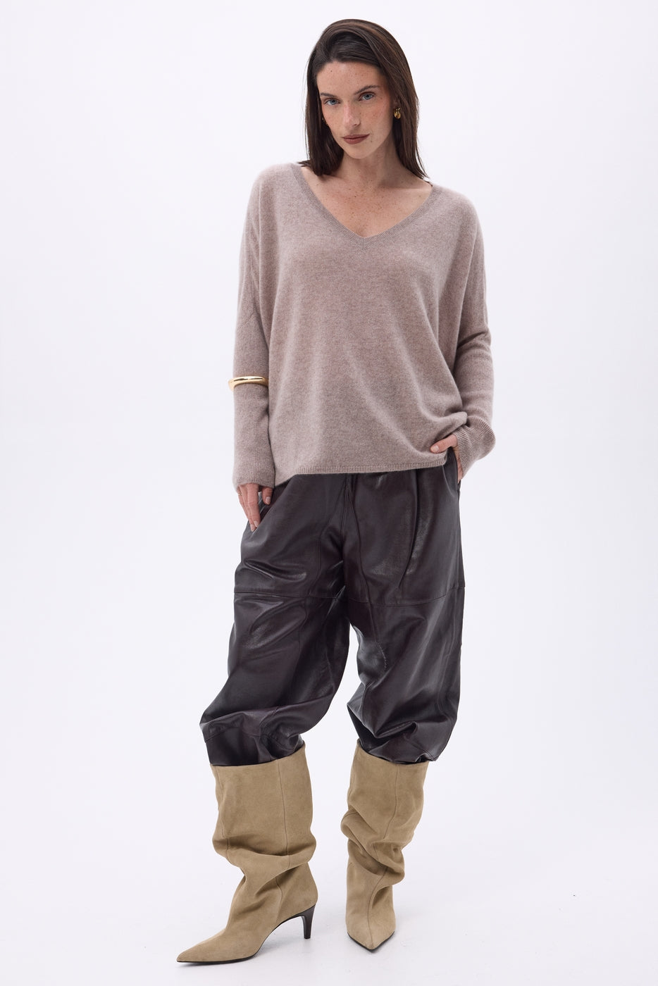 Jersey poncho de cuello en V Celeste - Avellana - Mujer