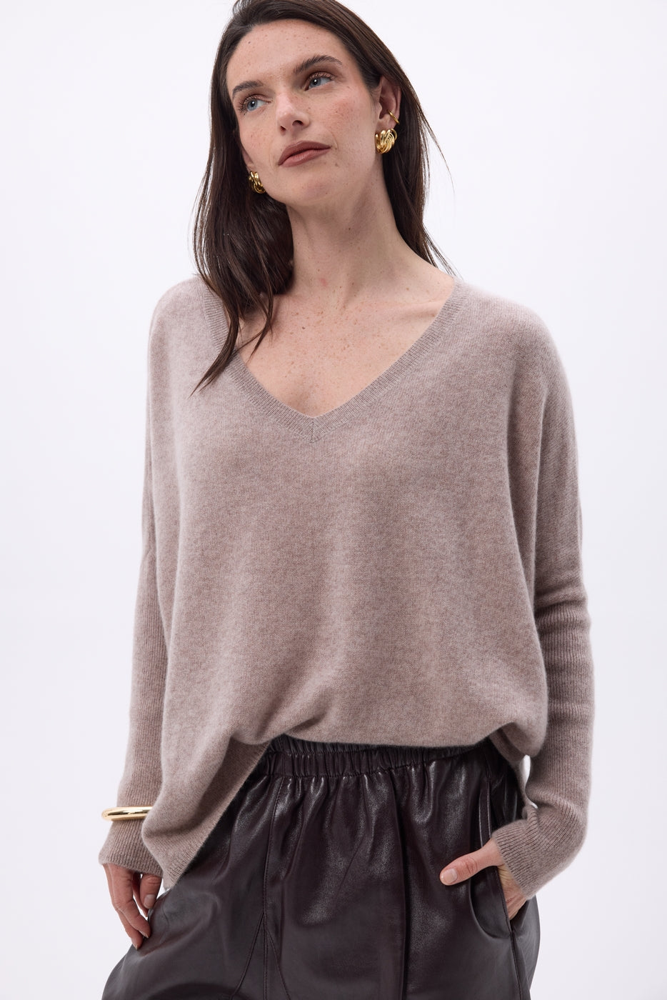 Jersey poncho de cuello en V Celeste - Avellana - Mujer