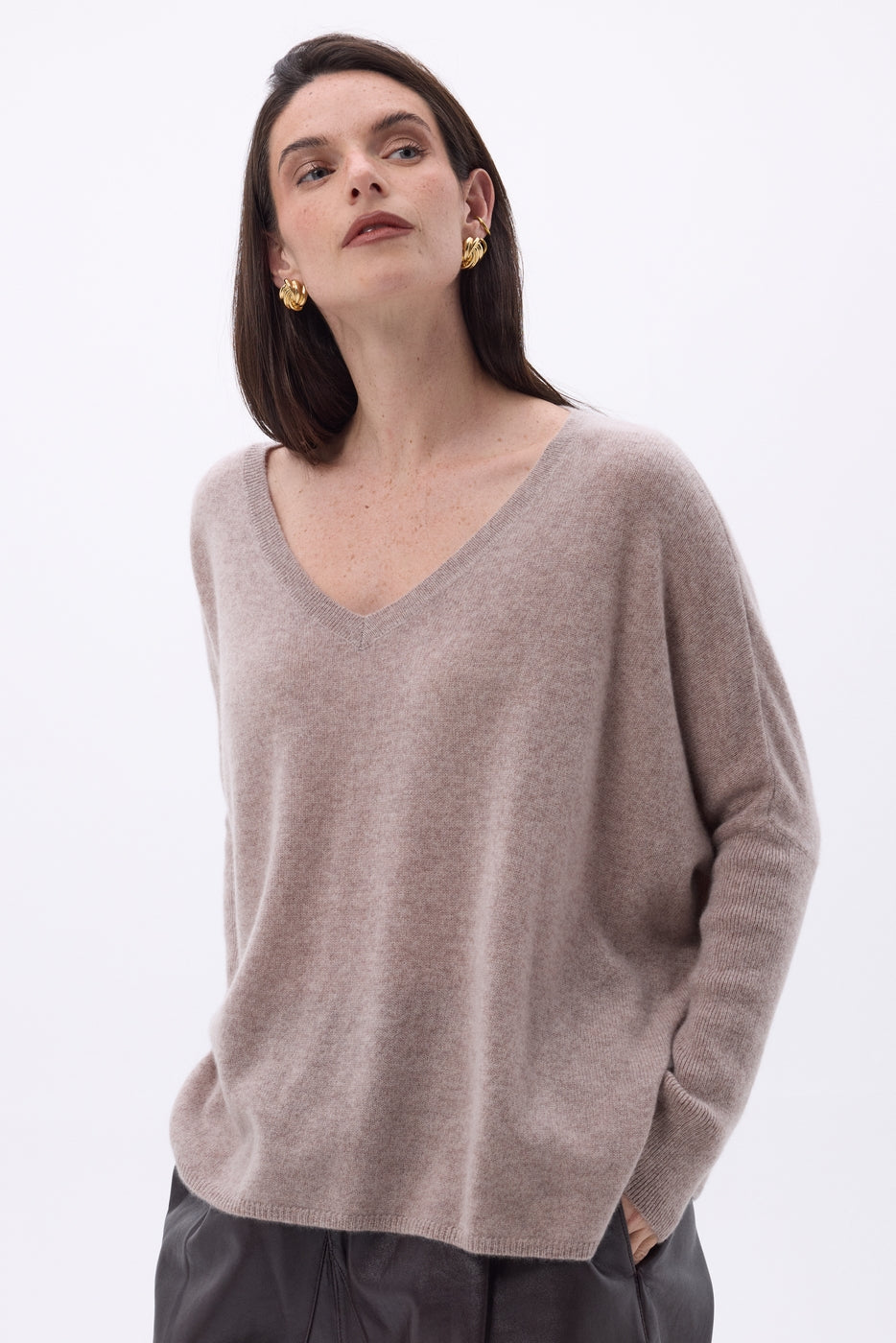 Jersey poncho de cuello en V Celeste - Avellana - Mujer