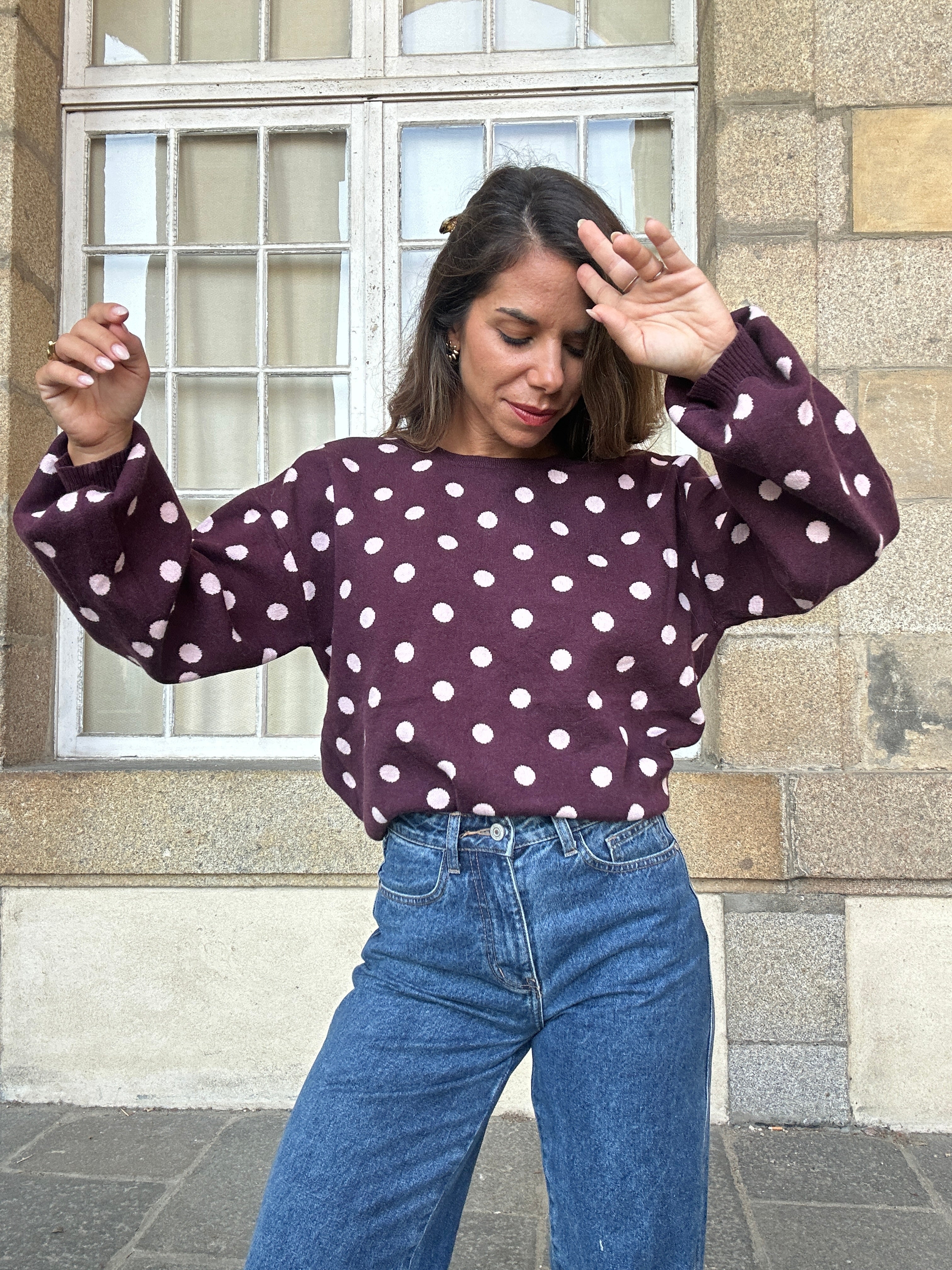 Pull à pois en laine Zélie bordeaux