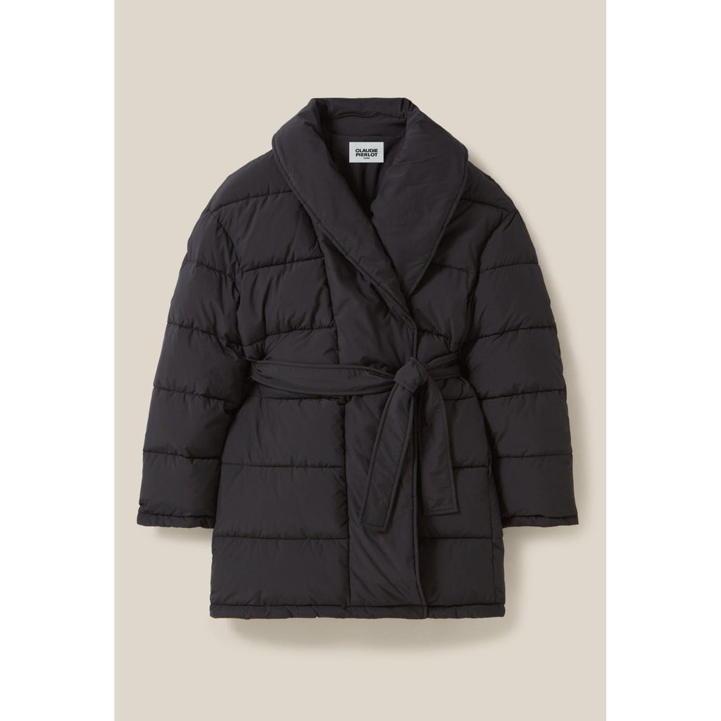 Chaqueta de plumas con cuello chal y cinturón