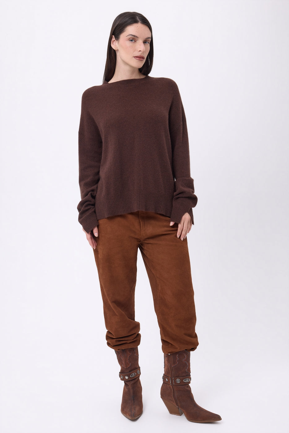 Pull Col Rond Oversize Cgiada - Marron Chocolat - Femme