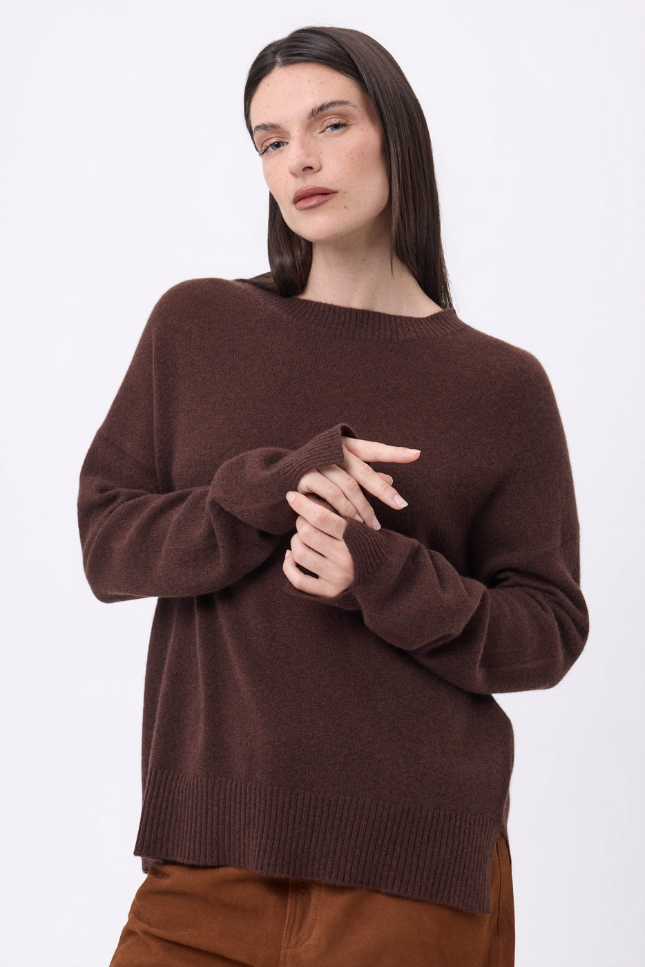 Pull Col Rond Oversize Cgiada - Marron Chocolat - Femme