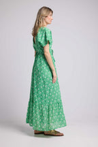 Vestido Largo Mangas Cortas - Rosetones Verdes