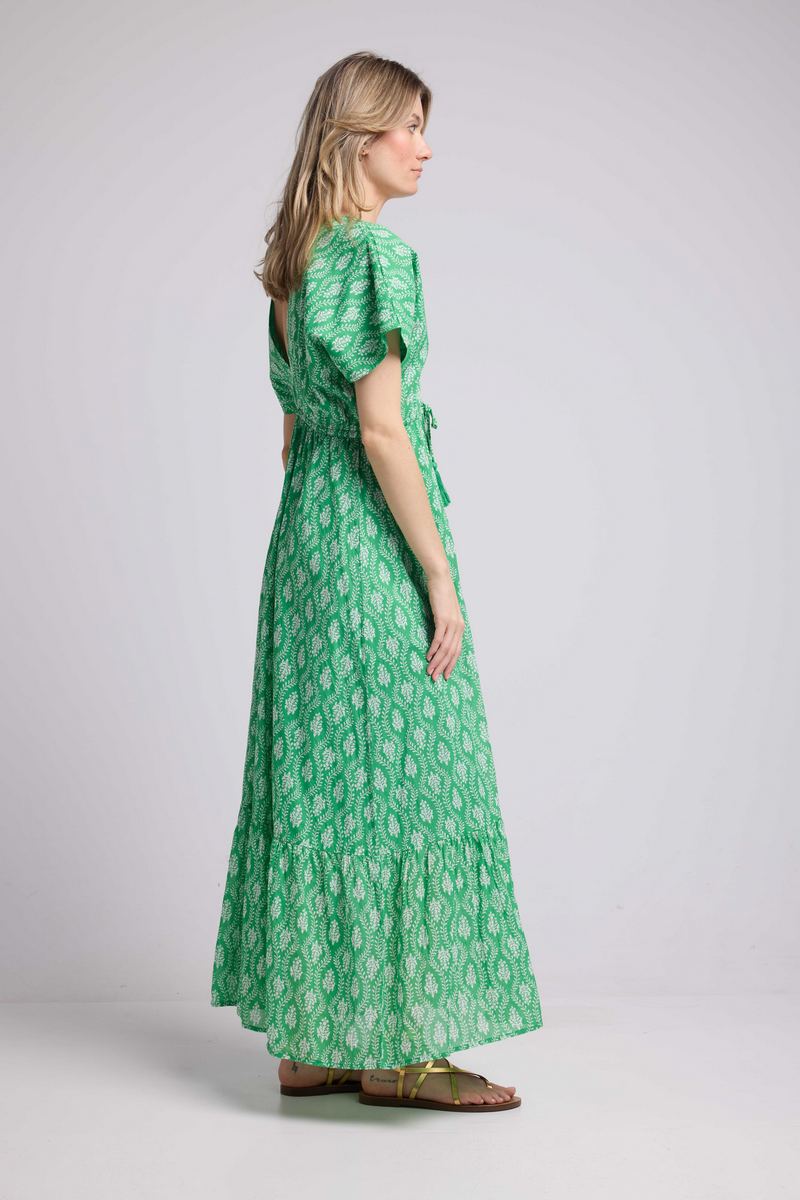 Vestido Largo Mangas Cortas - Rosetones Verdes