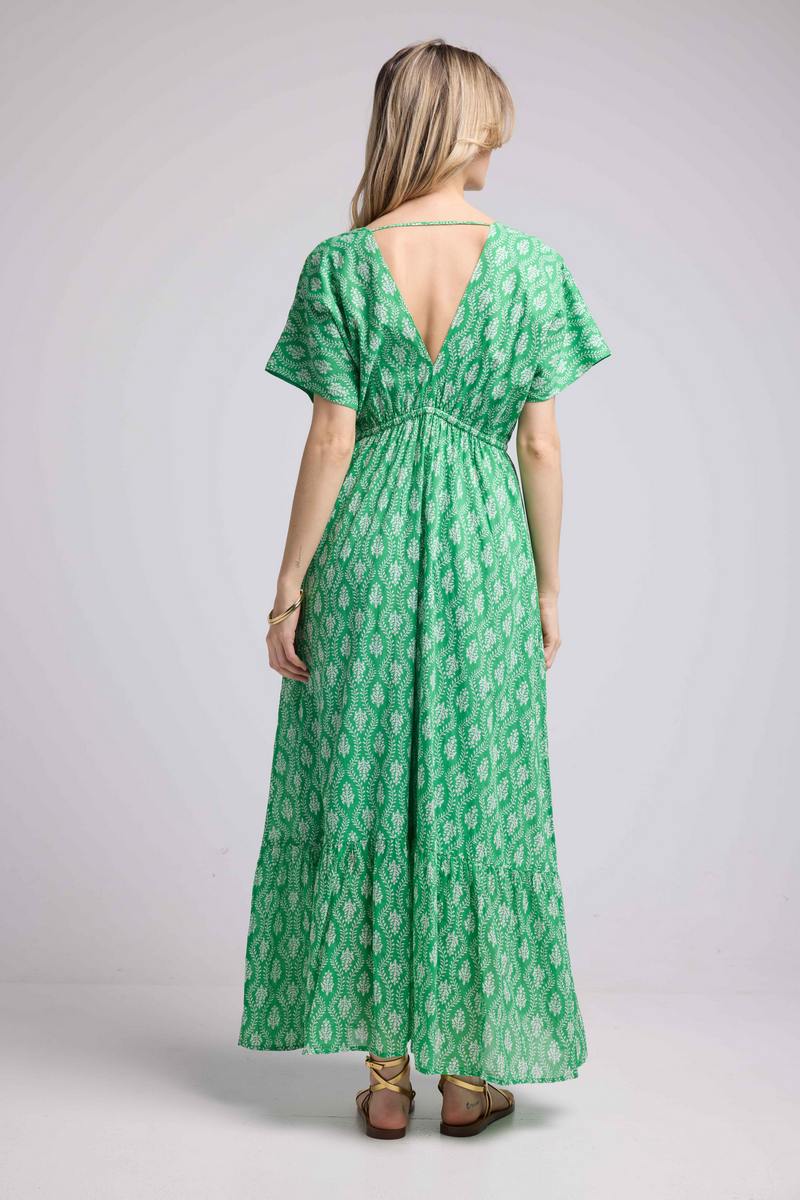 Vestido Largo Mangas Cortas - Rosetones Verdes