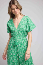 Vestido Largo Mangas Cortas - Rosetones Verdes