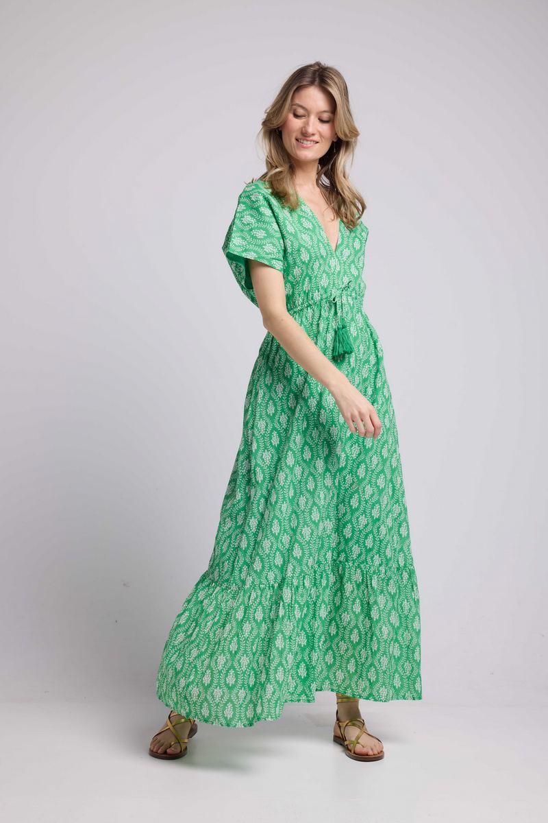 Vestido Largo Mangas Cortas - Rosetones Verdes
