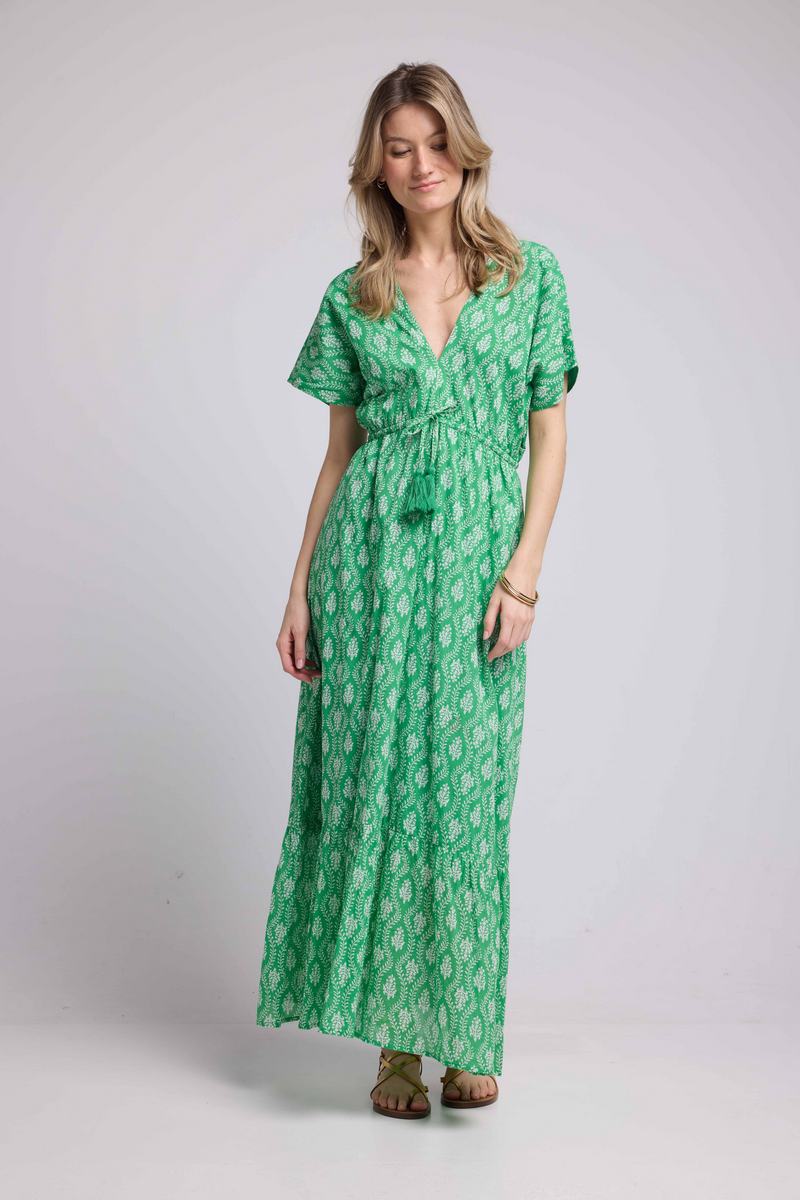 Vestido Largo Mangas Cortas - Rosetones Verdes
