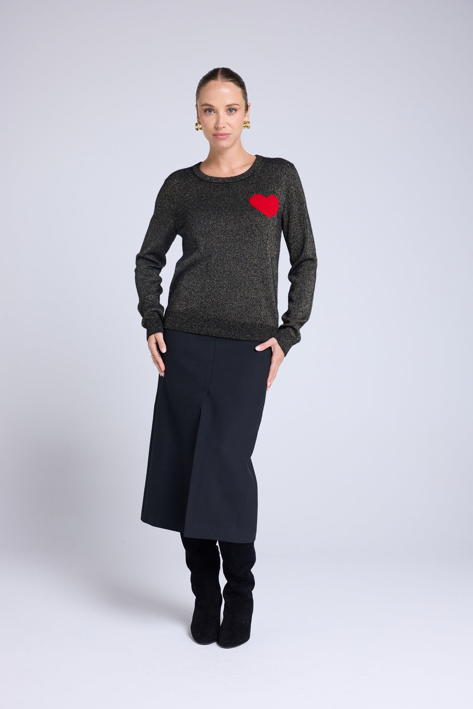 Cherry Lurex Heart Crew-Neck Jumper - Black Gold Red