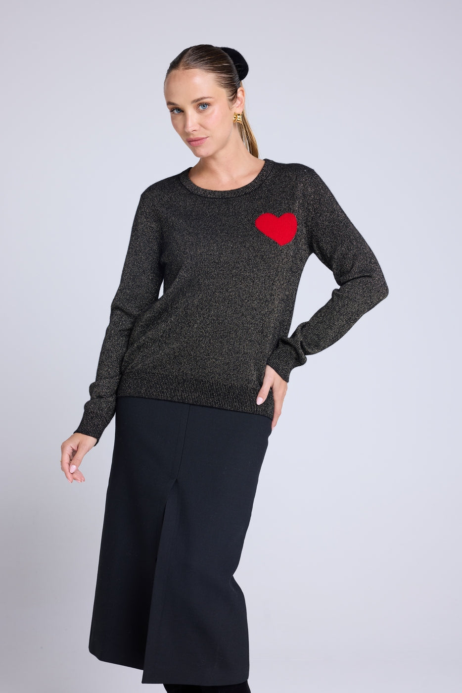 Cherry Lurex Heart Crew-Neck Jumper - Black Gold Red