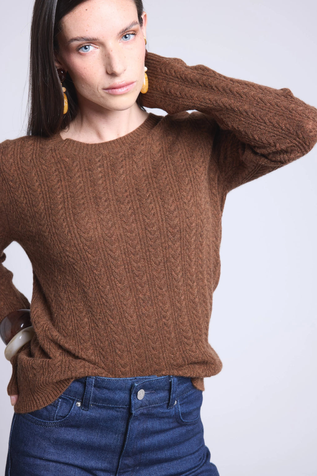Chiara Cable-Knit Crew-Neck Jumper - Brown - Women