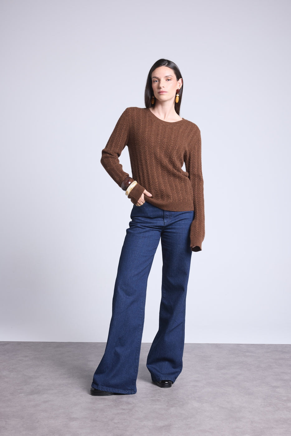 Chiara Cable-Knit Crew-Neck Jumper - Brown - Women