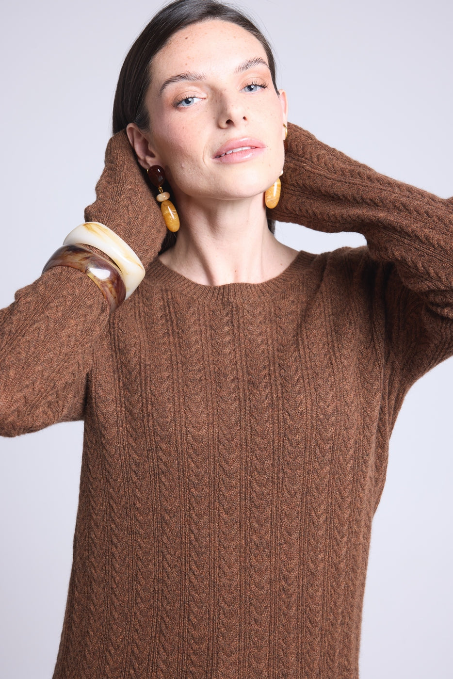 Chiara Cable-Knit Crew-Neck Jumper - Brown - Women