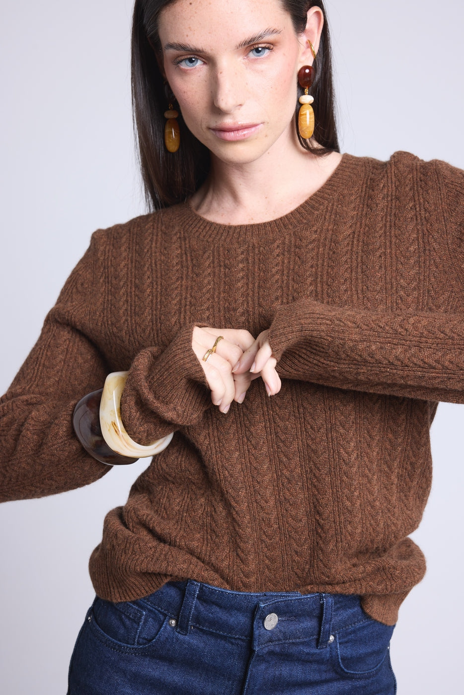 Chiara Cable-Knit Crew-Neck Jumper - Brown - Women