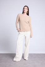 Jersey de cuello redondo trenzado Chiara - Beige crema - Mujer