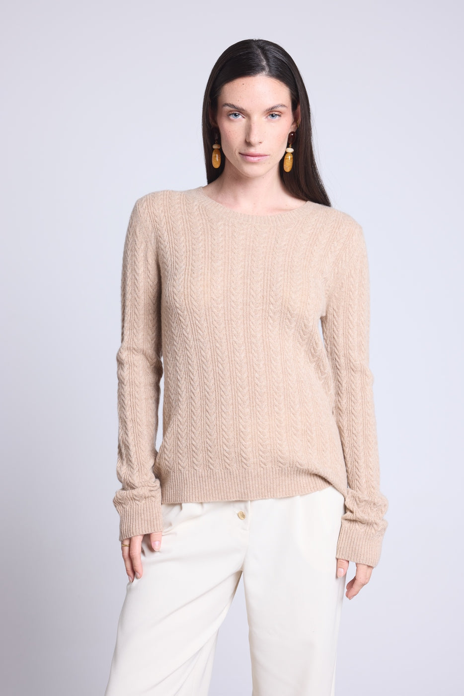 Jersey de cuello redondo trenzado Chiara - Beige crema - Mujer