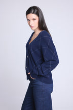 Cárdigan de cuadros de lúrex Chloe - Azul marino y lúrex plateado - Mujer