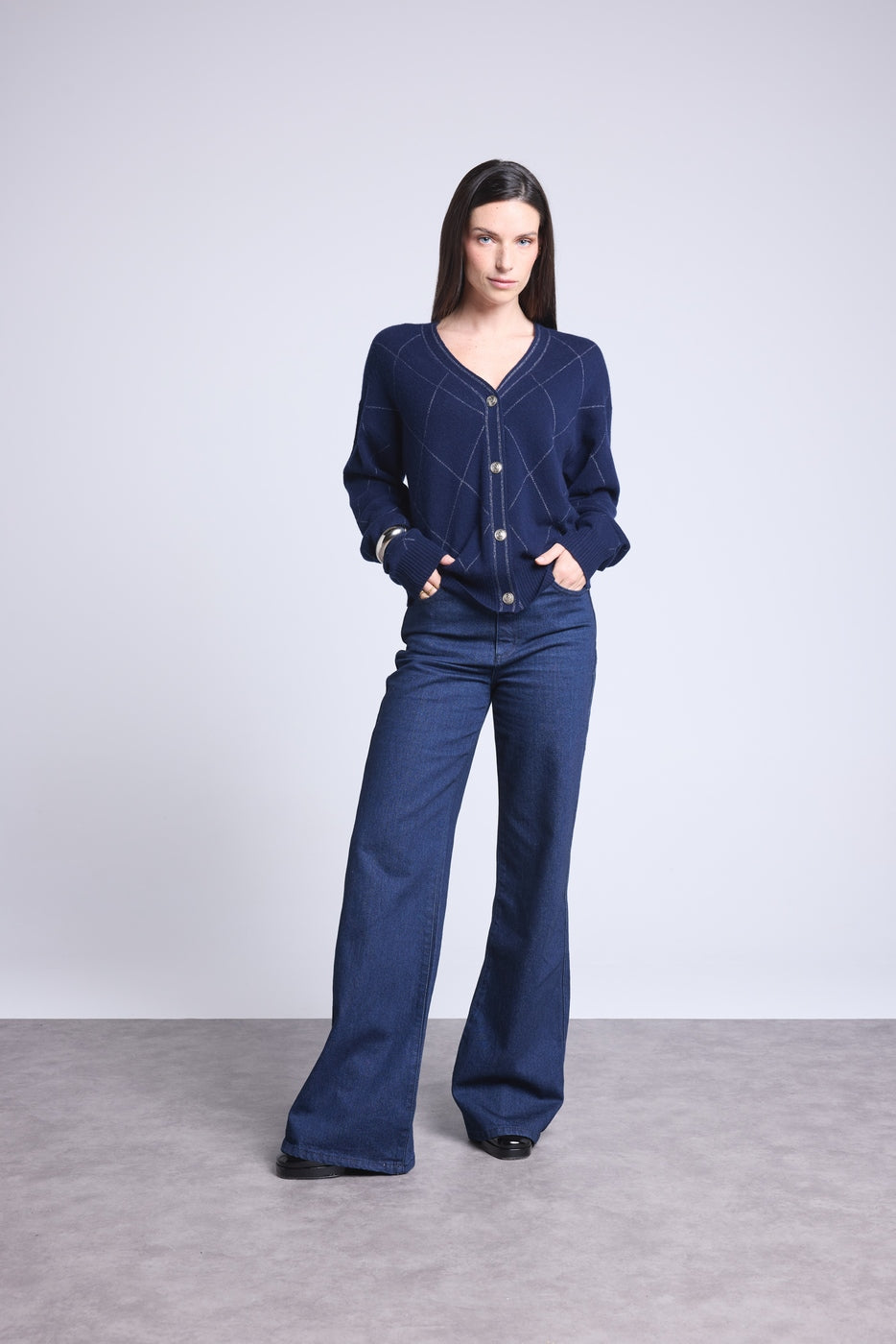 Cárdigan de cuadros de lúrex Chloe - Azul marino y lúrex plateado - Mujer