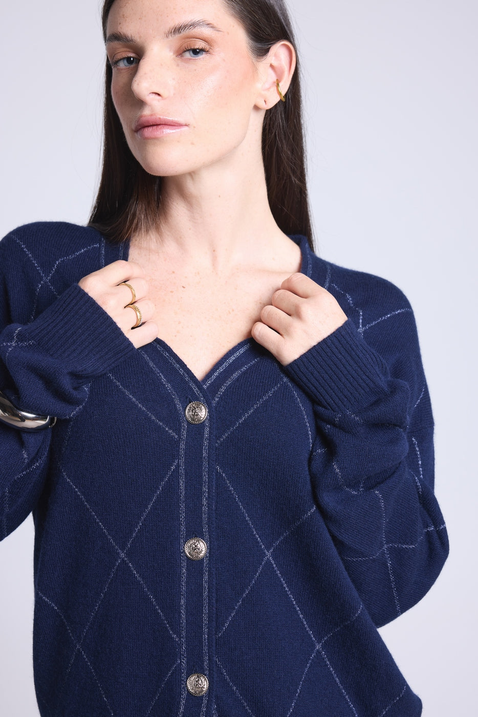 Cárdigan de cuadros de lúrex Chloe - Azul marino y lúrex plateado - Mujer