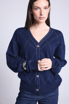 Cárdigan de cuadros de lúrex Chloe - Azul marino y lúrex plateado - Mujer