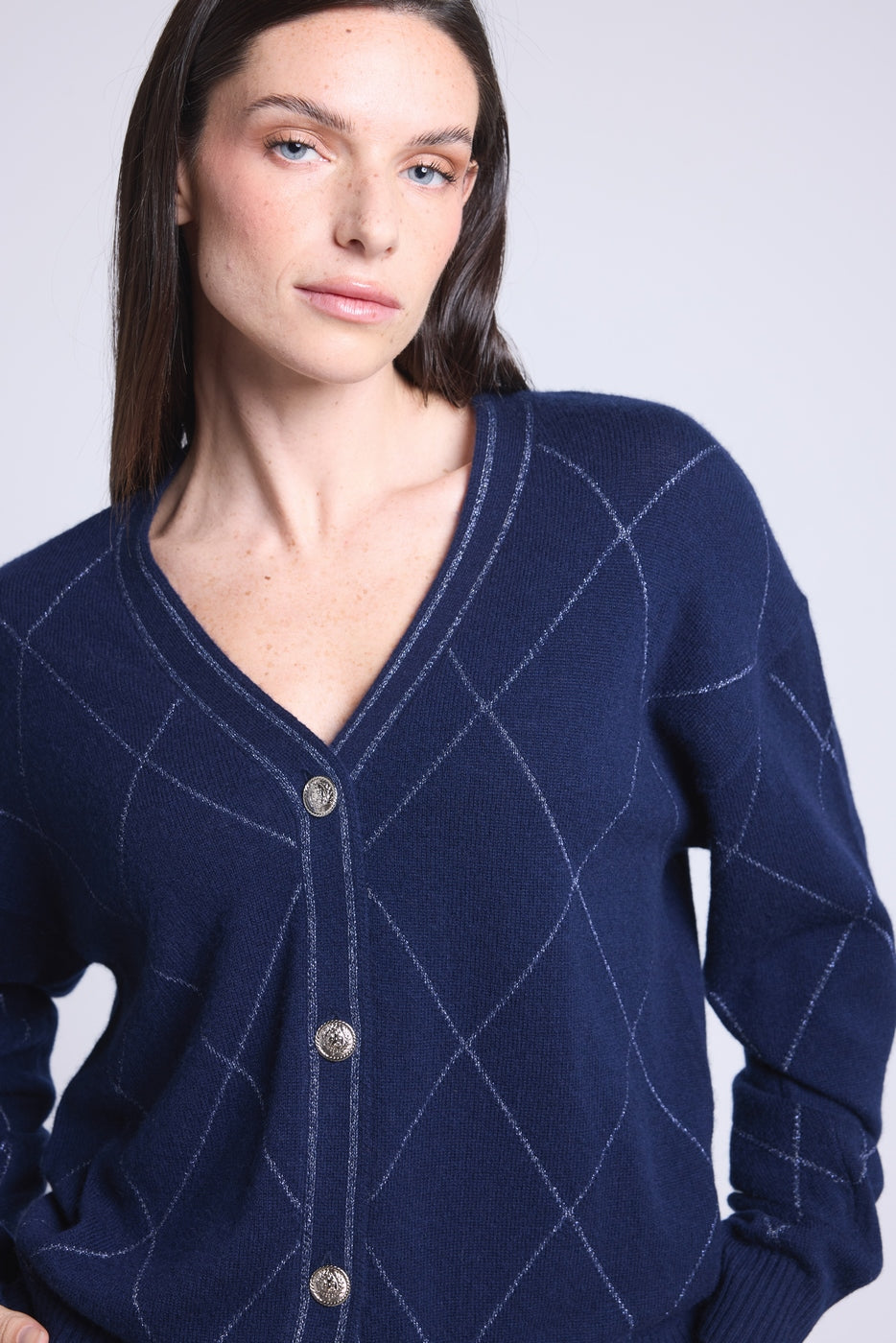 Cárdigan de cuadros de lúrex Chloe - Azul marino y lúrex plateado - Mujer