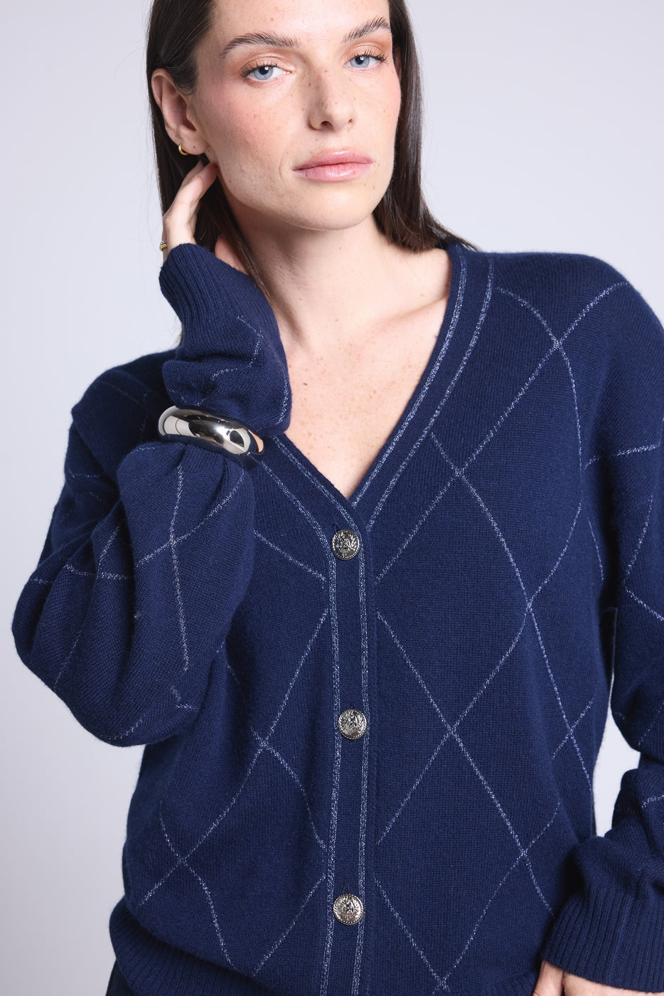 Cárdigan de cuadros de lúrex Chloe - Azul marino y lúrex plateado - Mujer