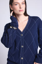 Cárdigan de cuadros de lúrex Chloe - Azul marino y lúrex plateado - Mujer