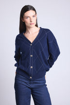 Cárdigan de cuadros de lúrex Chloe - Azul marino y lúrex plateado - Mujer