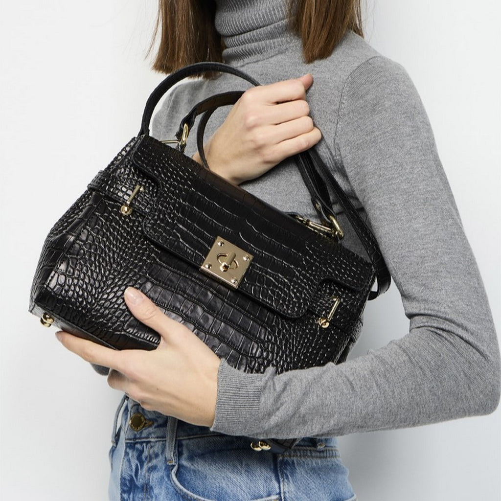 Swan Croco Handbag - Black