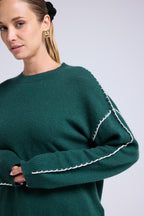 Jersey de Cuello Redondo Oversize Pespuntes Clarisse - Verde Botella Blanco