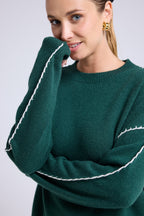 Jersey de Cuello Redondo Oversize Pespuntes Clarisse - Verde Botella Blanco