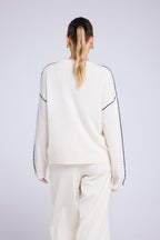 Clarisse Oversized Crew-Neck Contrast-Stitching Jumper - White Black