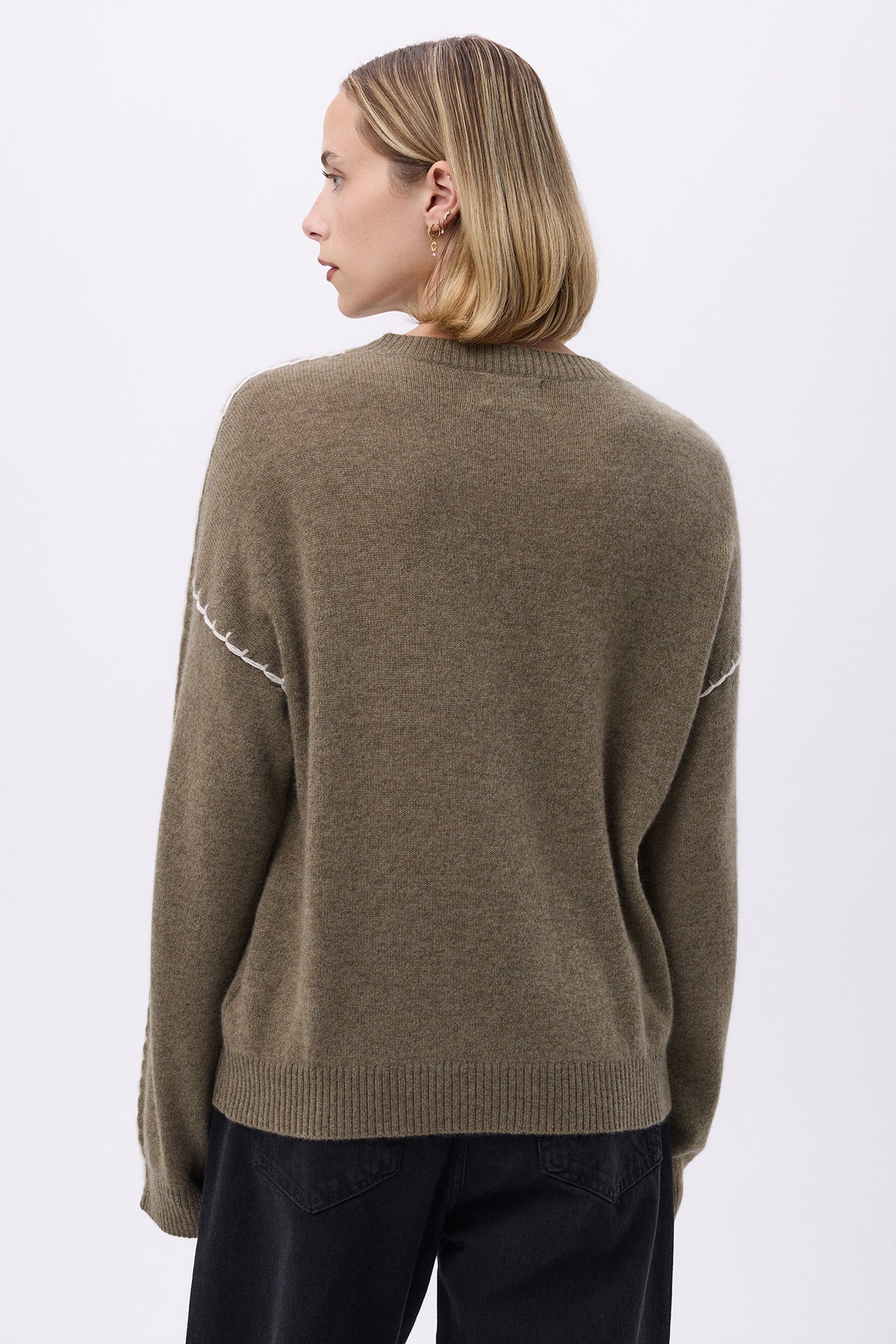 Clarisse Topstitched Crew Neck Jumper - Khaki Green White - Women
