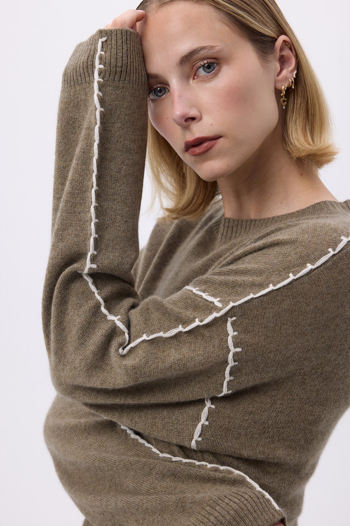Clarisse Topstitched Crew Neck Jumper - Khaki Green White - Women