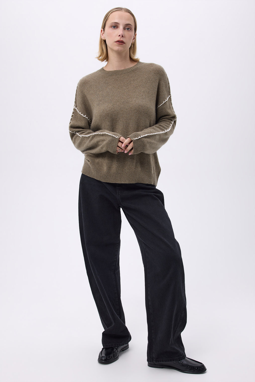 Clarisse Topstitched Crew Neck Jumper - Khaki Green White - Women