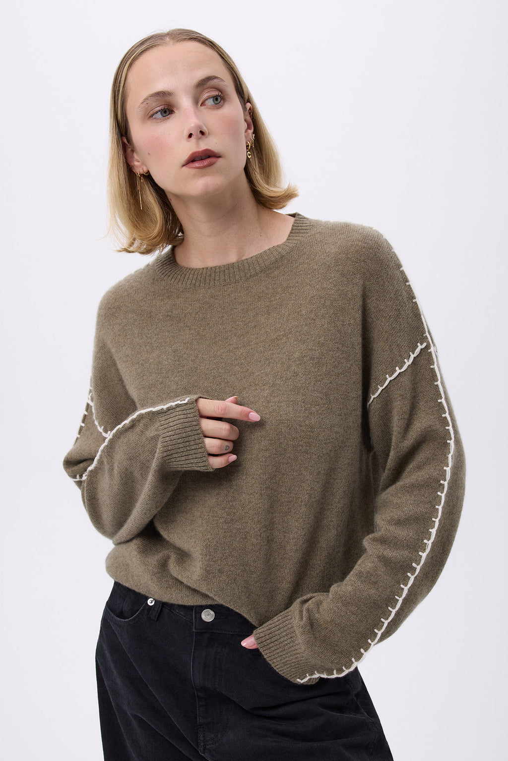 Clarisse Topstitched Crew Neck Jumper - Khaki Green White - Women