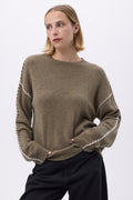 Clarisse Topstitched Crew Neck Jumper - Khaki Green White - Women