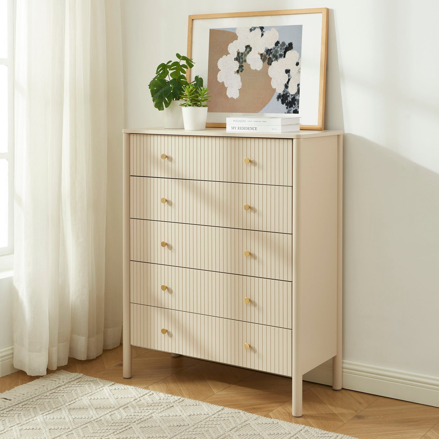 Cleo - Chest of Drawers - Bouclette - Beige and Black Metal Legs
