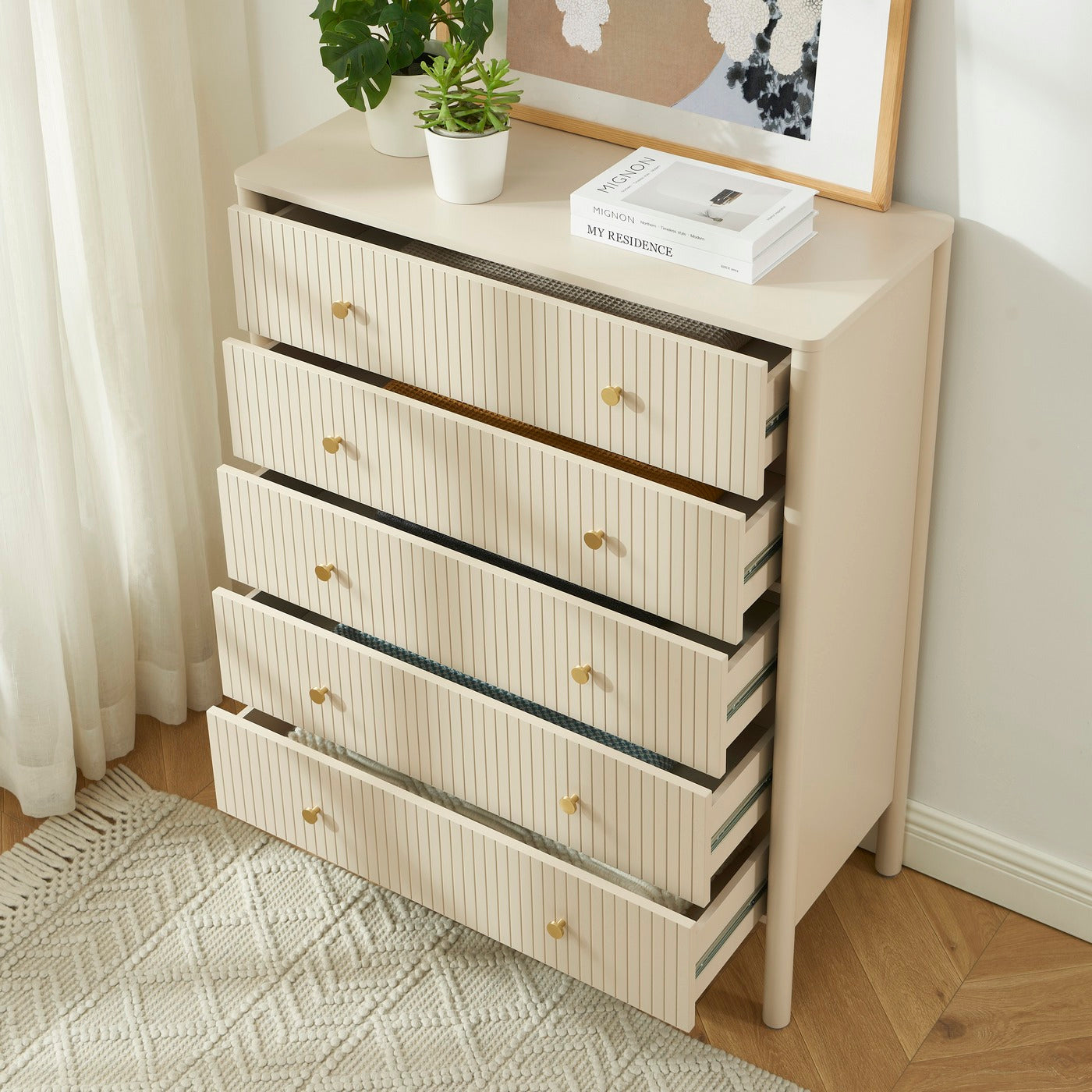 Cleo - Chest of Drawers - Bouclette - Beige and Black Metal Legs