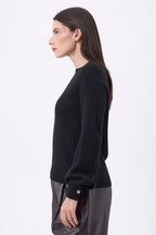 Jersey de cuello redondo con botones de canalé en las mangas Clip - Negro - Mujer