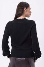 Jersey de cuello redondo con botones de canalé en las mangas Clip - Negro - Mujer