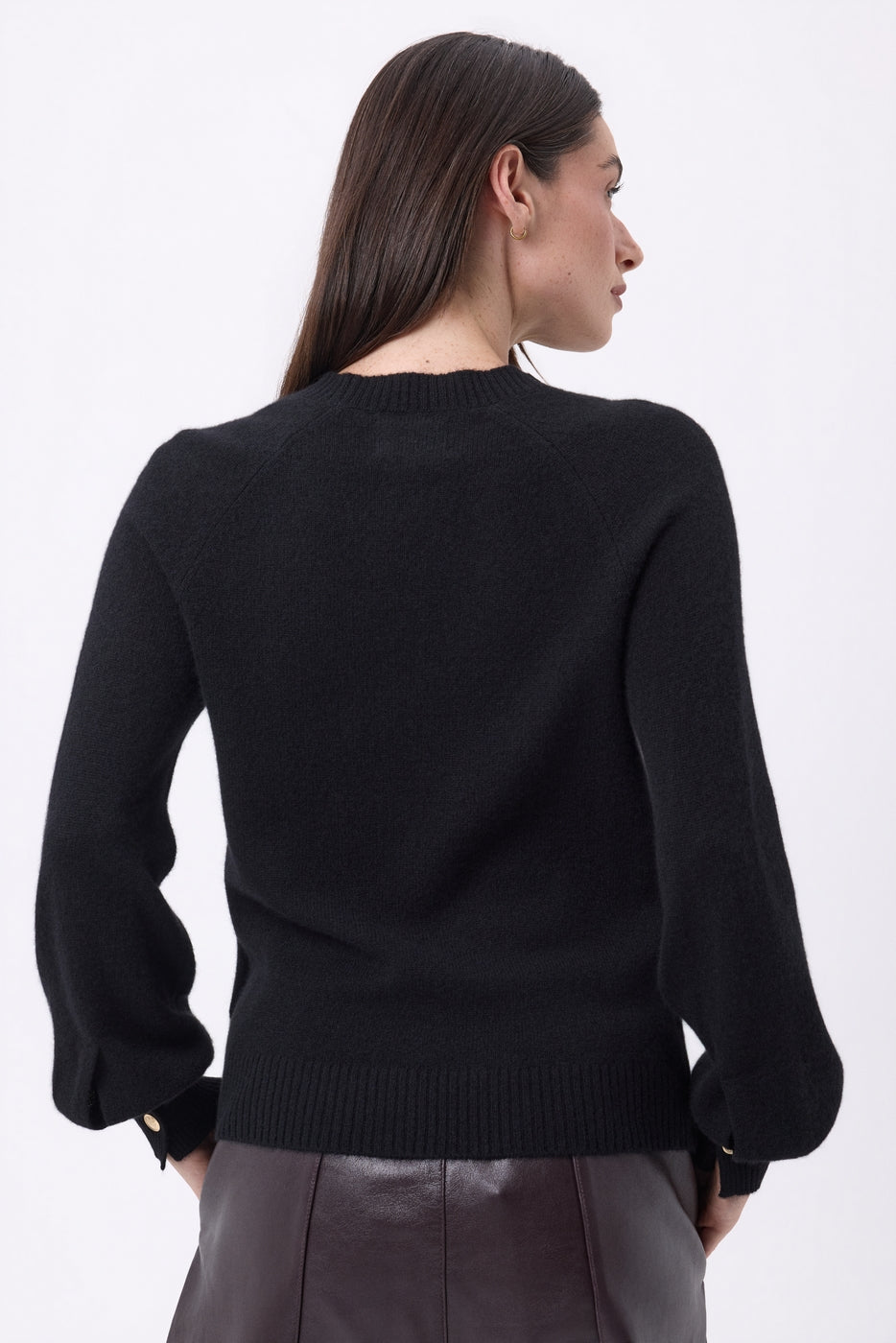 Jersey de cuello redondo con botones de canalé en las mangas Clip - Negro - Mujer