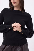 Jersey de cuello redondo con botones de canalé en las mangas Clip - Negro - Mujer