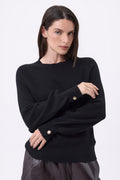 Jersey de cuello redondo con botones de canalé en las mangas Clip - Negro - Mujer
