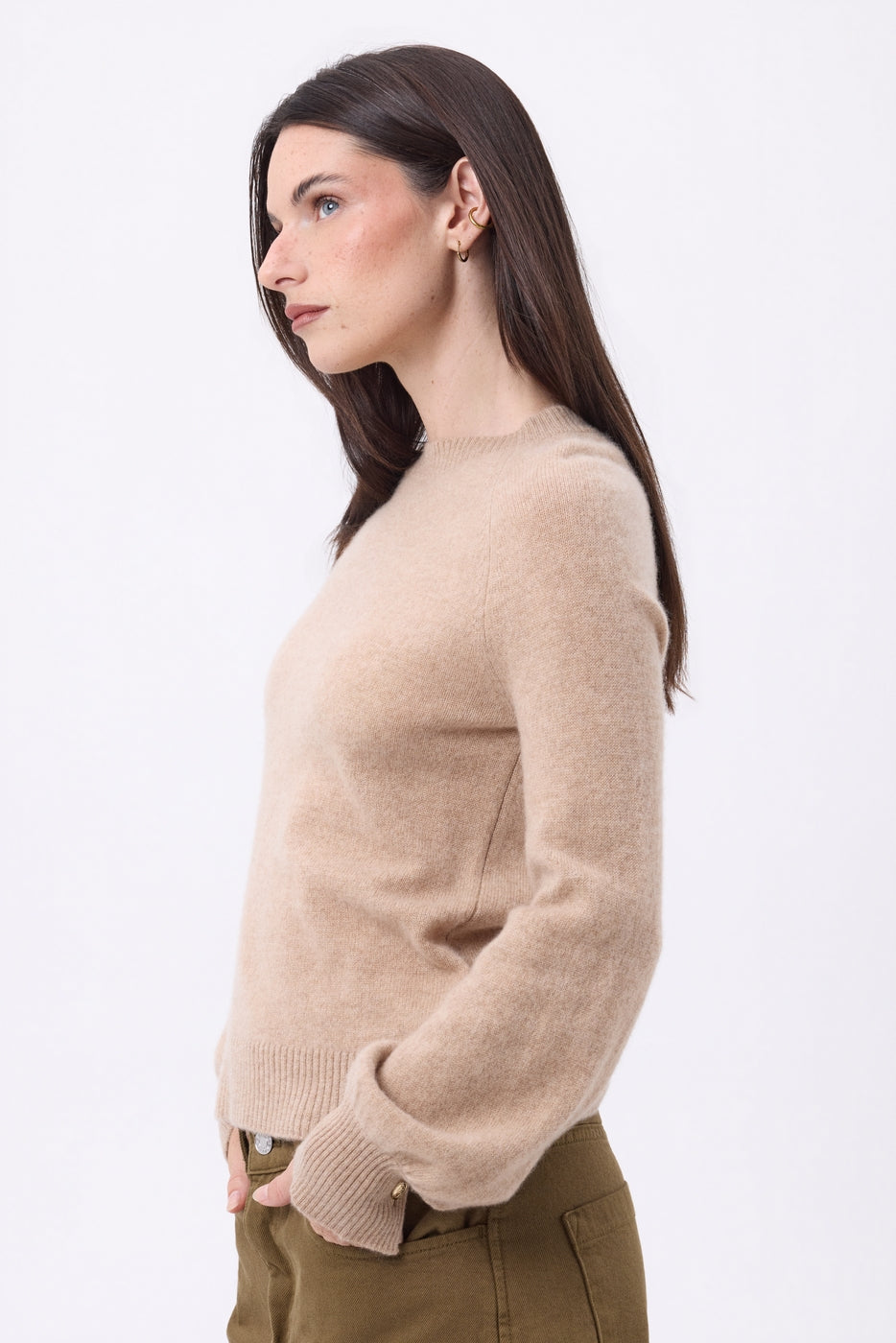 Pull Col Rond Boutons Rib Manche Clip - Beige Creme - Femme