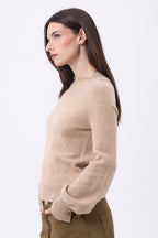 Pull Col Rond Boutons Rib Manche Clip - Beige Creme - Femme
