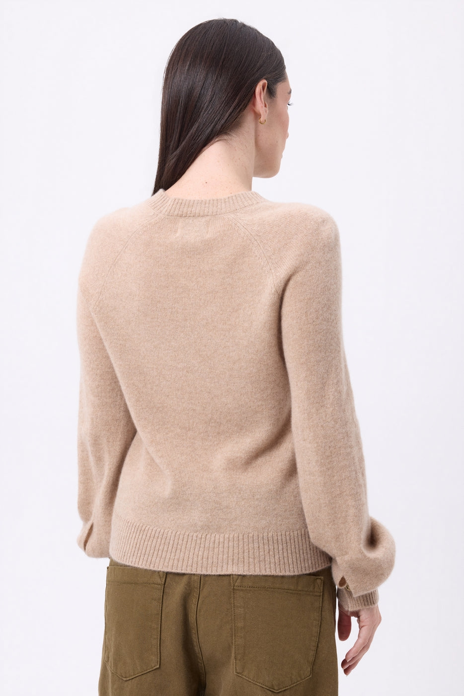 Pull Col Rond Boutons Rib Manche Clip - Beige Creme - Femme