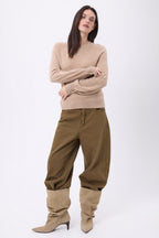 Pull Col Rond Boutons Rib Manche Clip - Beige Creme - Femme