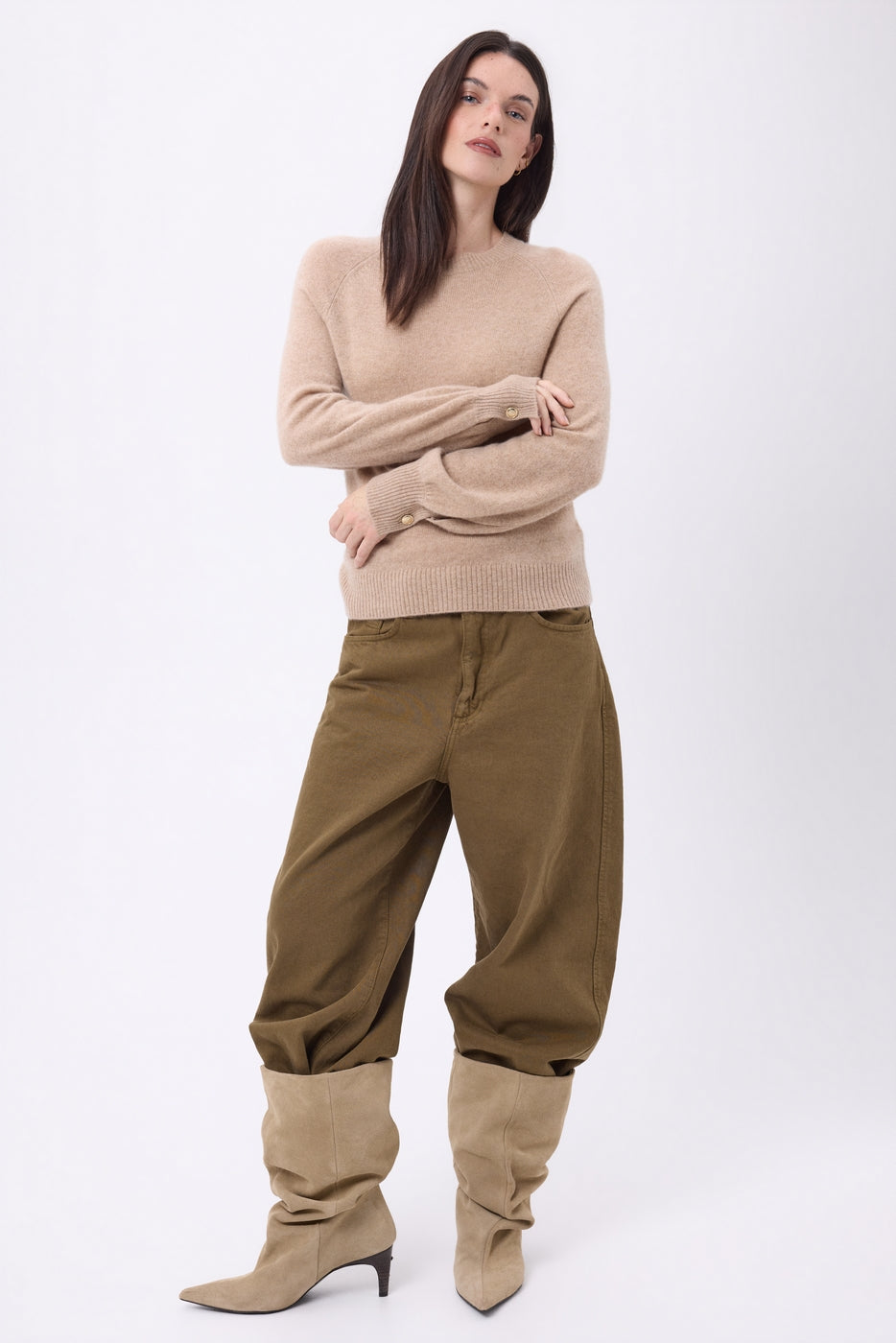 Pull Col Rond Boutons Rib Manche Clip - Beige Creme - Femme